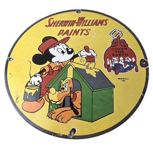 Vintage Sherwin Williams Sign - Paint Brush Painting Gas Pump Porcelain Sign