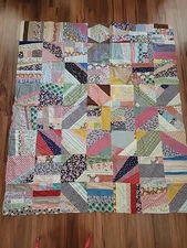 Vintage Quilt Top Geometric Squares Feed Flour Sack Fabrics Crazy Quilt