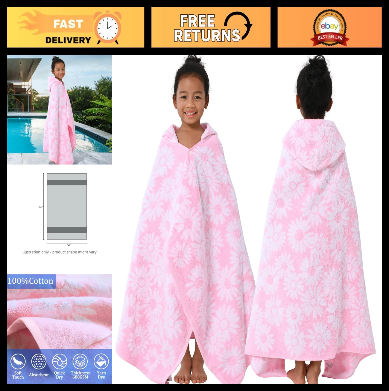 Hooded Bath Towels for Kids 3-10 Years - Soft Absorbent Turkish Cotton, Pink Dai