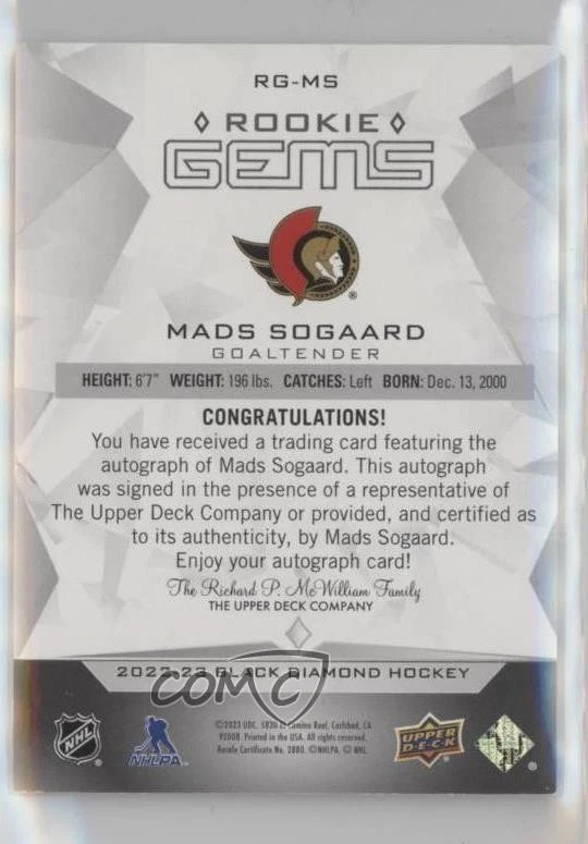 2022-23 Black Diamond Rookie Gems Red Signatures /10 Mads Sogaard #RG-MS Auto RC - Image 2 of 2