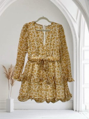 Saints + Secrets Womens Gold Floral Chiffon Ruffle Dress Size Medium Whimsy Chic
