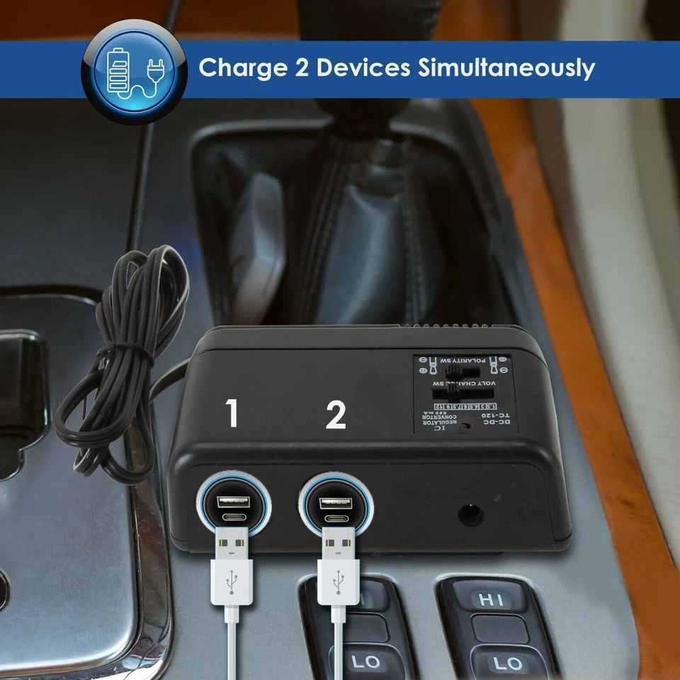 Plug In 1 TO 2 Cigarette Lighter Multiplier & Adjustable AC Voltage Transformer - Image 2 of 4