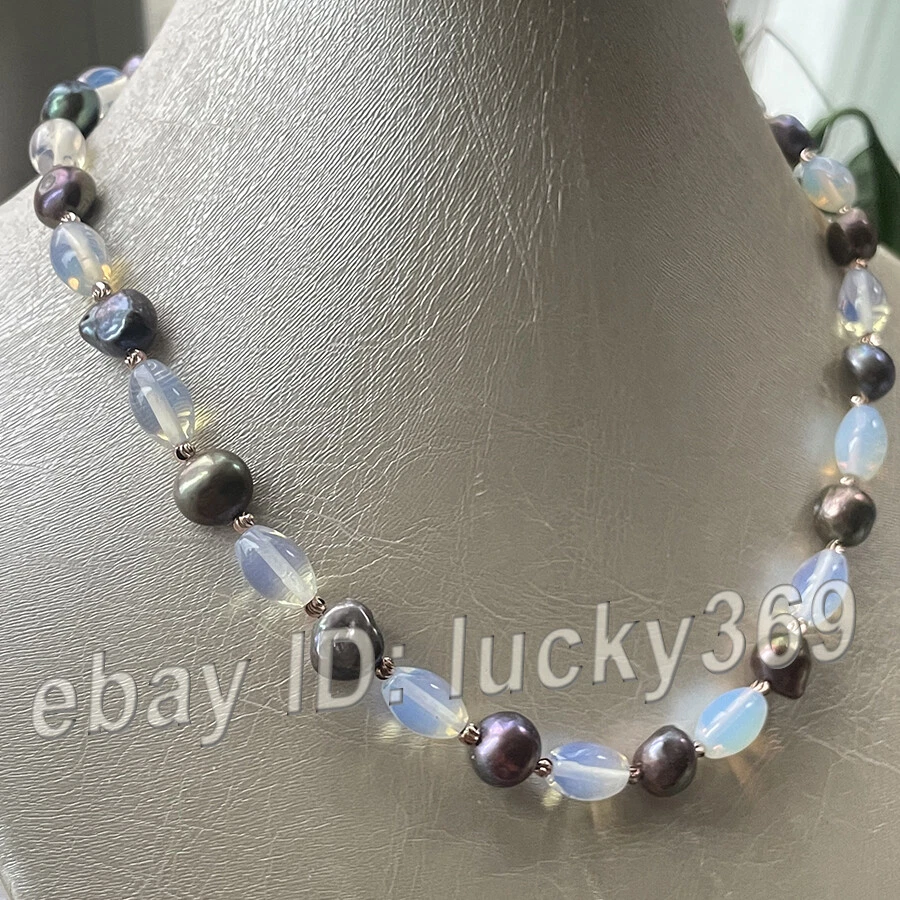 Collar de perlas barrocas negras de 18"-36" 10-11 mm y cuentas de gemas de piedra lunar de arroz de 8x12 mm Foto 2 de 4