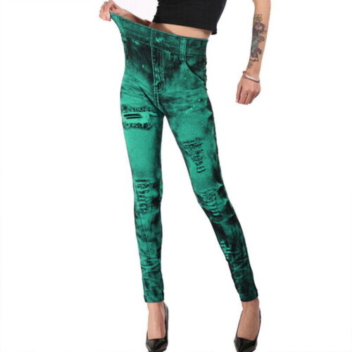 Leggings da donna stampa jeans vita alta jeans finti bottoni lifting pantaloni senza cuciture - Foto 12 di 13