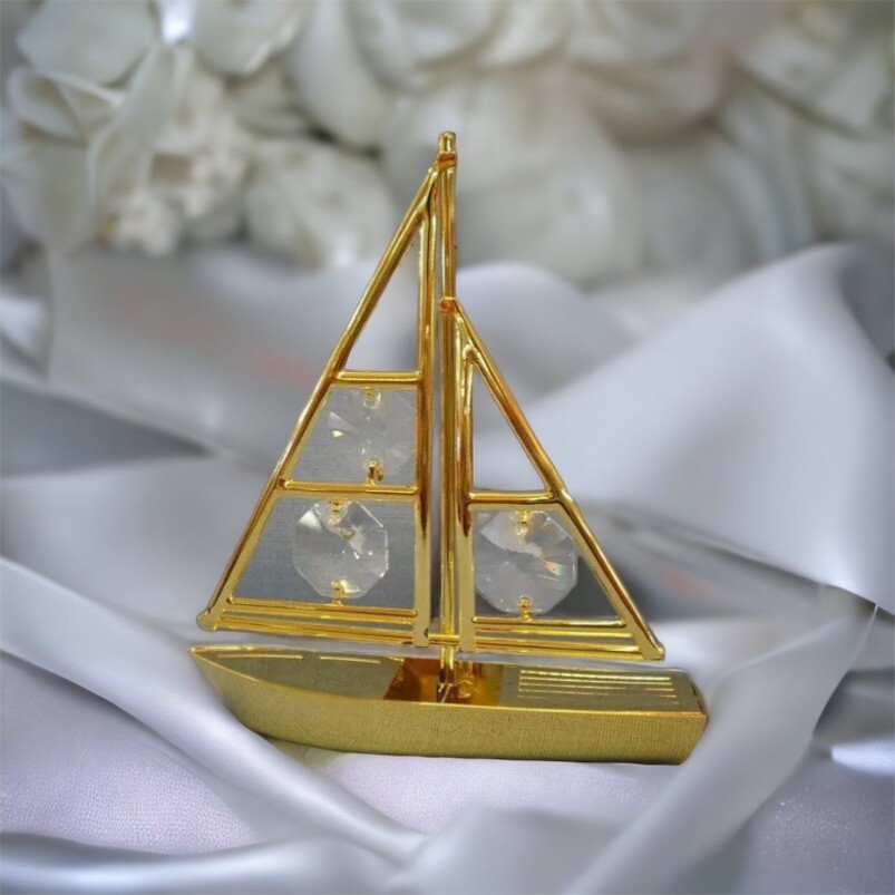 Swarovski Crystal Element Sailing Boat Ornament 24K Gold Plated Home Decor Gifts