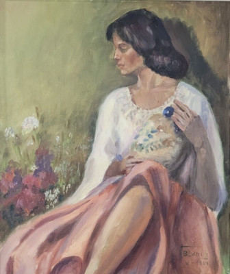 Antikes Ölgemälde Portrait Frau mit Blumen Impressionist 20. Jahrhundert