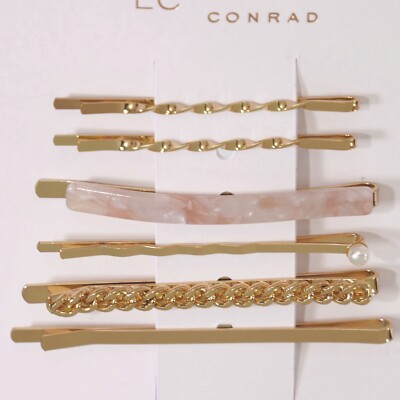 LAUREN CONRAD Women's SET of SIX Shiny GOLD Tone & PINK BOBBY PINS Hair ...