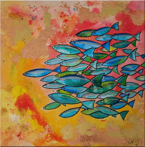Mixed Media Liquid Inks & Acrylic Fish Art - Metallic Leaf Highlights - 30x30cm - Bild 1 von 6