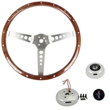 CJ Classics Steering Wheel 14" 3-Bolt Woodgrain Kit With Polished Running Hor...