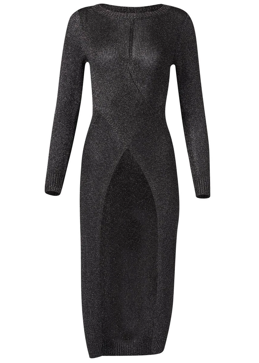 NEW Venus Black Shimmer Cross sparkle High Low Maxi Cutout Sweater dress  top S | eBay
