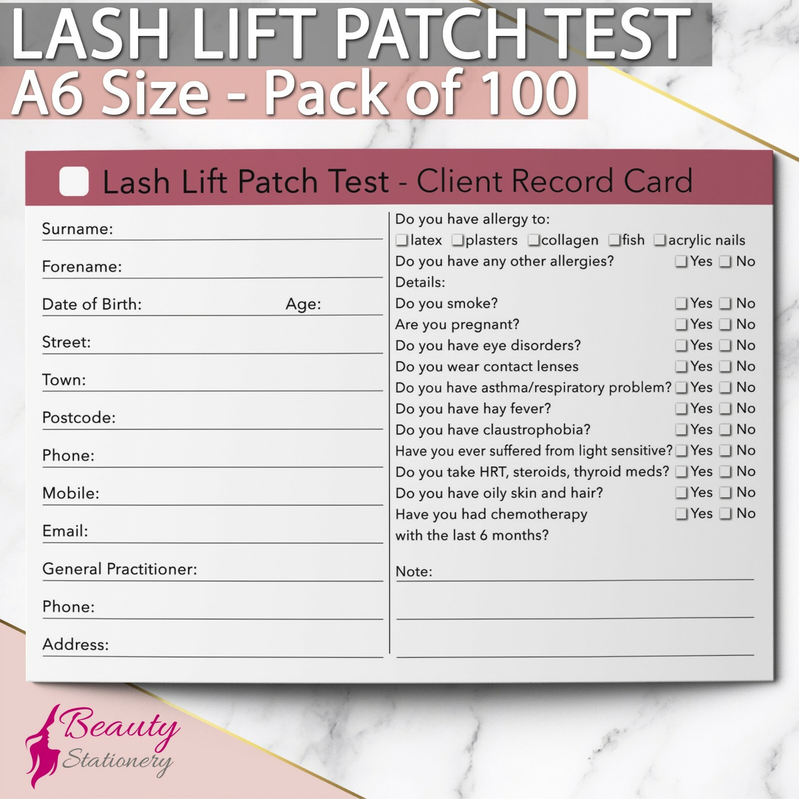 Lash Lift Patch Test Client Record Card Treatment Consultation Salon A6 x100