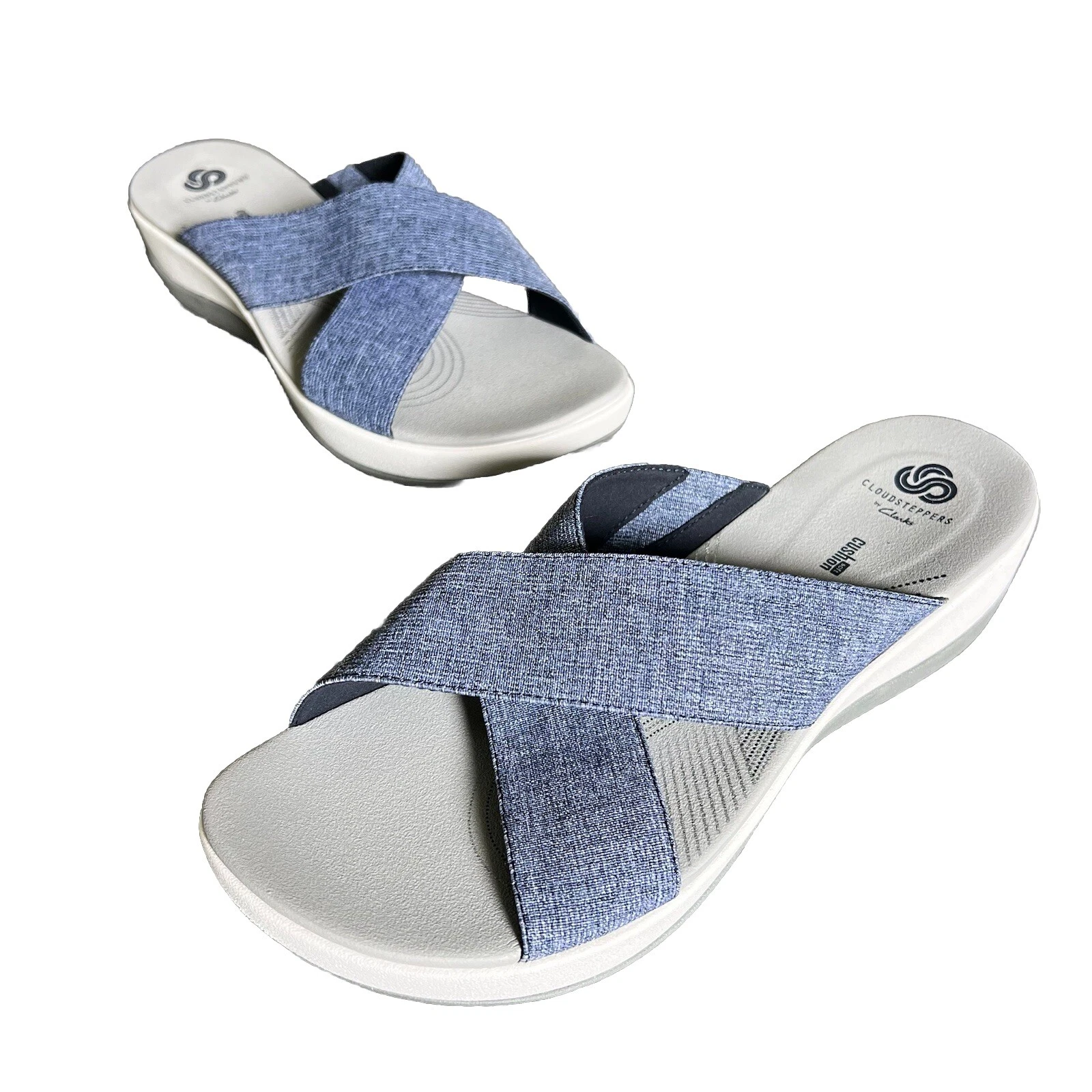 Sandali Clarks Cloudsteppers slip on donna 11M Arla plateau blu grigio puliti