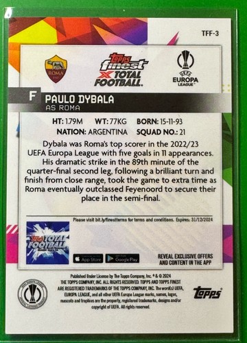 Paulo Dybala 2023/24 Topps Finest X Total Football 1/1 Superfractor AS Rom - Bild 2 von 3