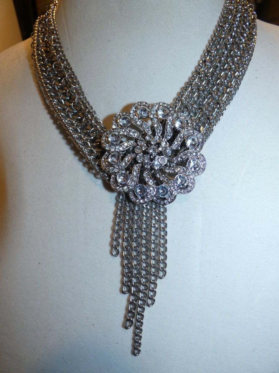 Vintage Silver Tone Statement Necklace w Large Flower