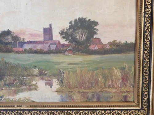 Öl auf Leinwand signiert "Dorfansicht Mittelalterturm und Fluss" Stuckrahmen - Bild 8 von 12