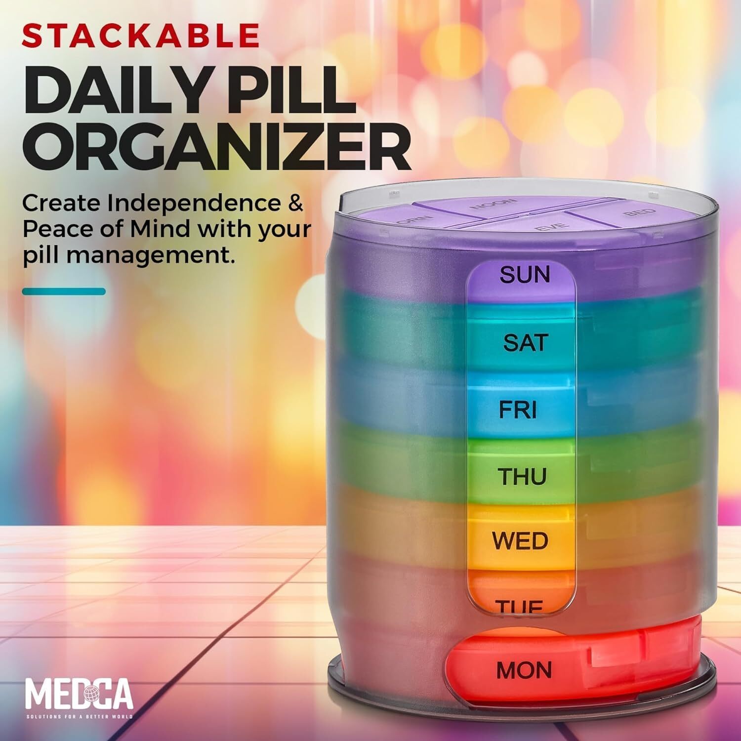 Medca Weekly Pill Organizer, 1 Dispenser, 7 Stackable Multi-Color Compartments F