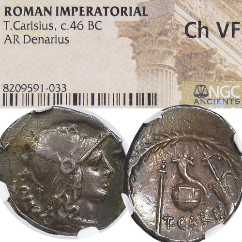 temp. JULIUS CAESAR. Titus Carisius 46 BC Roma / Cornucopia, Globe NGC Choice VF