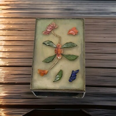 Antique Chinese Soapstone Carnelian Agate Stone Brass Matchbox Holder 
