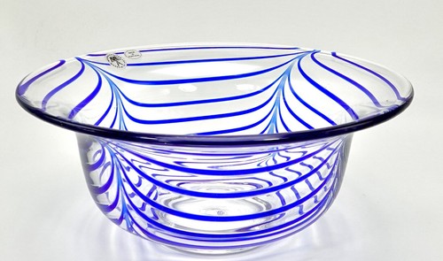 Art Glass Bowl Vintage MMA Clear with Blue Swirl Portugal 10 inch - Picture 3 of 16