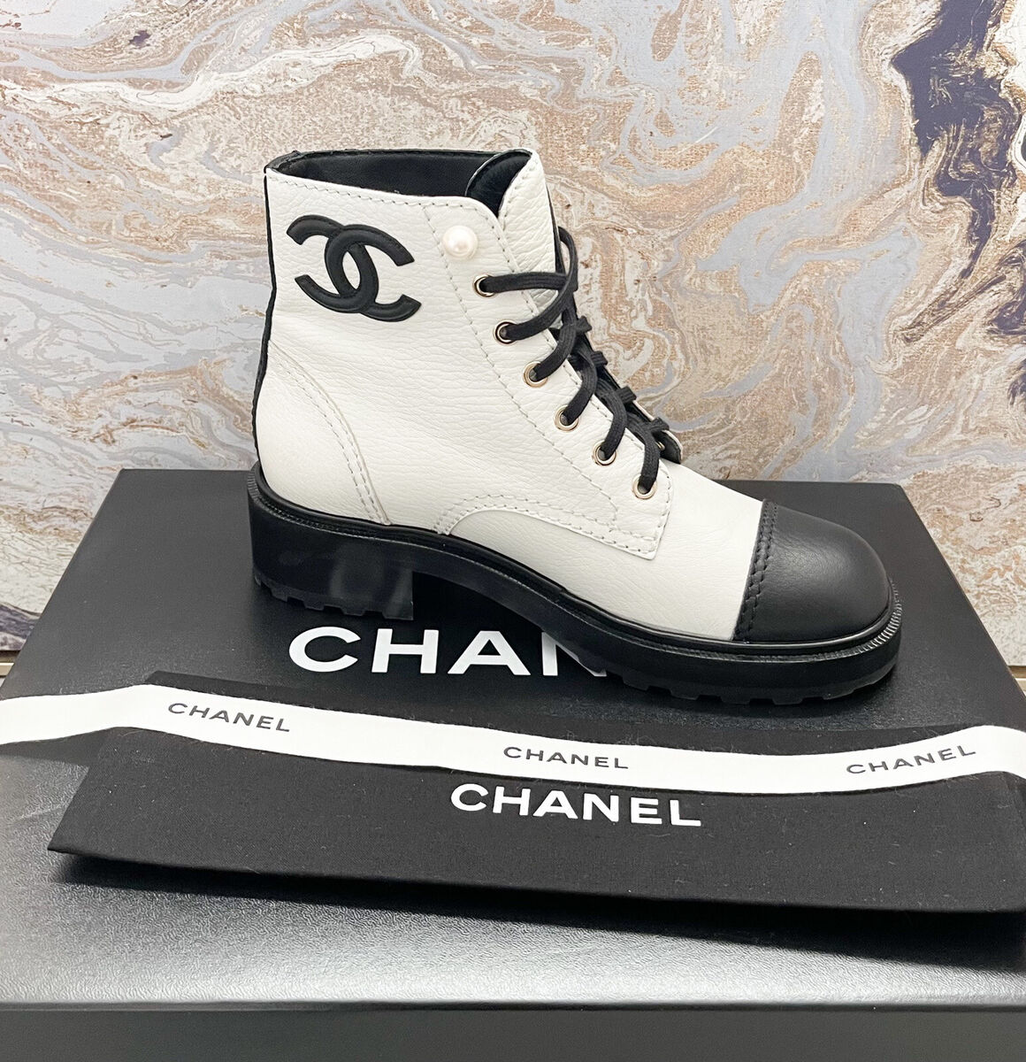 Chanel CC Logo Pearl Accents Calfskin Combat Ankle Boots