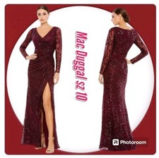 NEW MAC DUGGAL Rushed Sequined V-Neck Lace Long Sleeve Gown Sz 10
