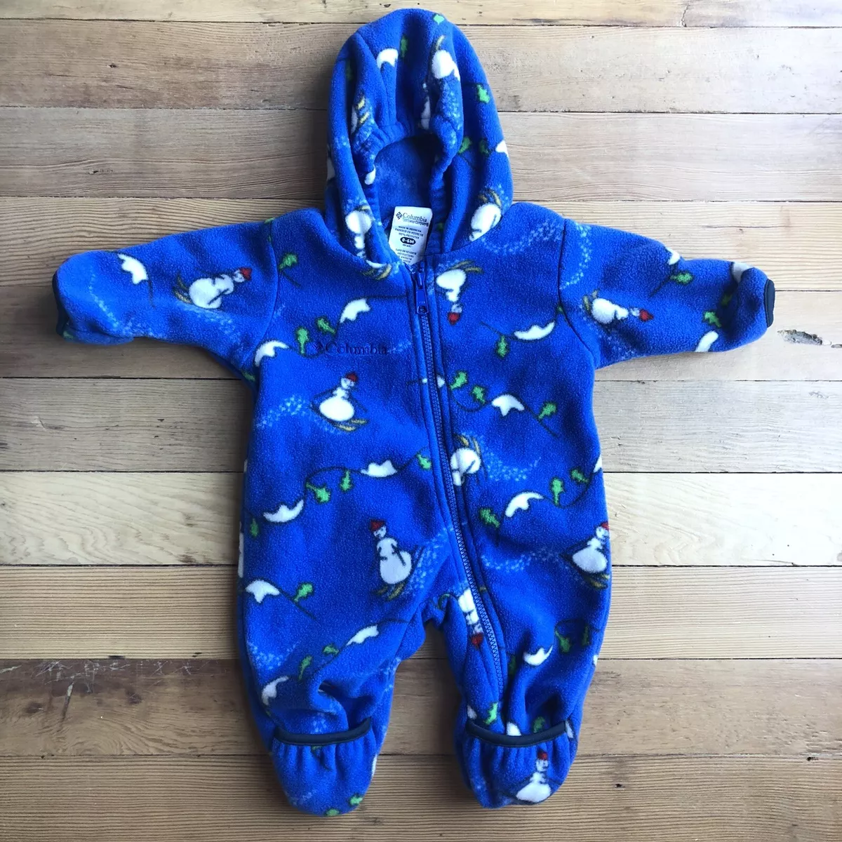 Columbia Infant Fleece Skiing Snowman Blue Snowsuit Hooded Romper