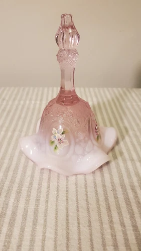 Fenton Glass Opalescent Pink Hand Painted Ruffled Crest Bell Signed by Laplinger