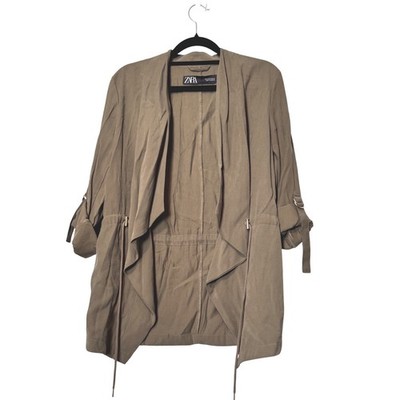 Zara Womens Olive Green Waterfall Draped Open Front Utility Jacket Small