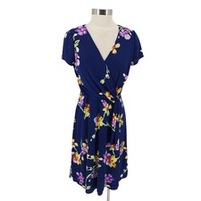 LRL Ralph Lauren Faux Wrap Fit Flare Dress Blue Floral Short Sleeve V Neck Zip 6