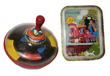 2 Vintage Toys Spinning Top & Musical Storybook Express Little Red Engine USA