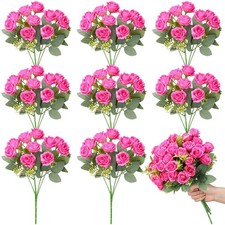 8 Pack 12 Inch Mini Hot Pink Roses Artificial Flowers 80 Heads Real Looking F...