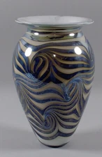 Robert Eickholt 9" Aurene Feather Pull Iridescent Vase Silver Bands w/Marbling