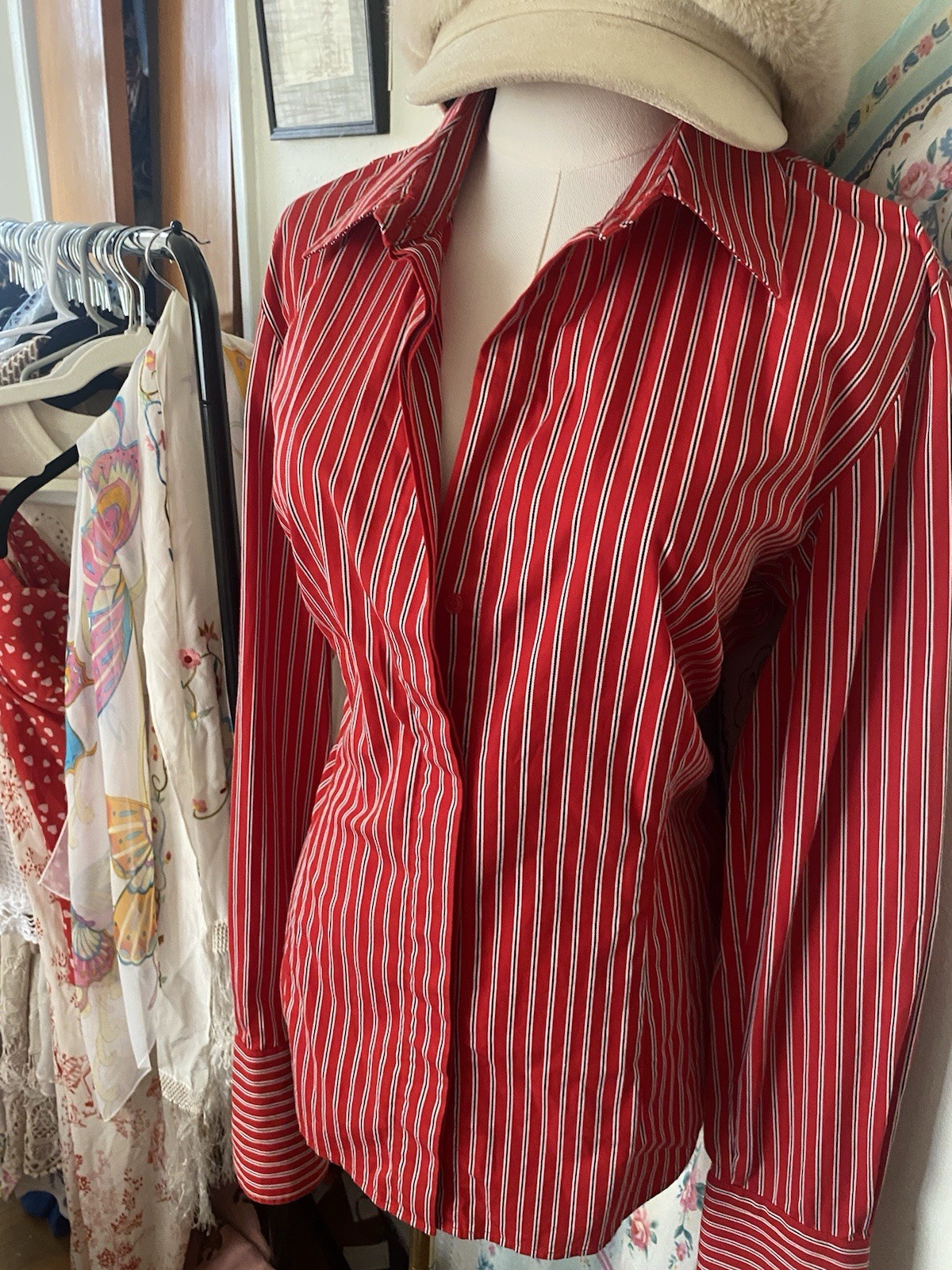 Fitted Red Striped Button Down Moda International - image 2