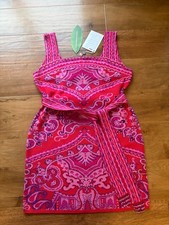 BNWT Farm Rio Pink Paisley Knit Mini Dress XL Beaded Belted Tassel Boho Luxury