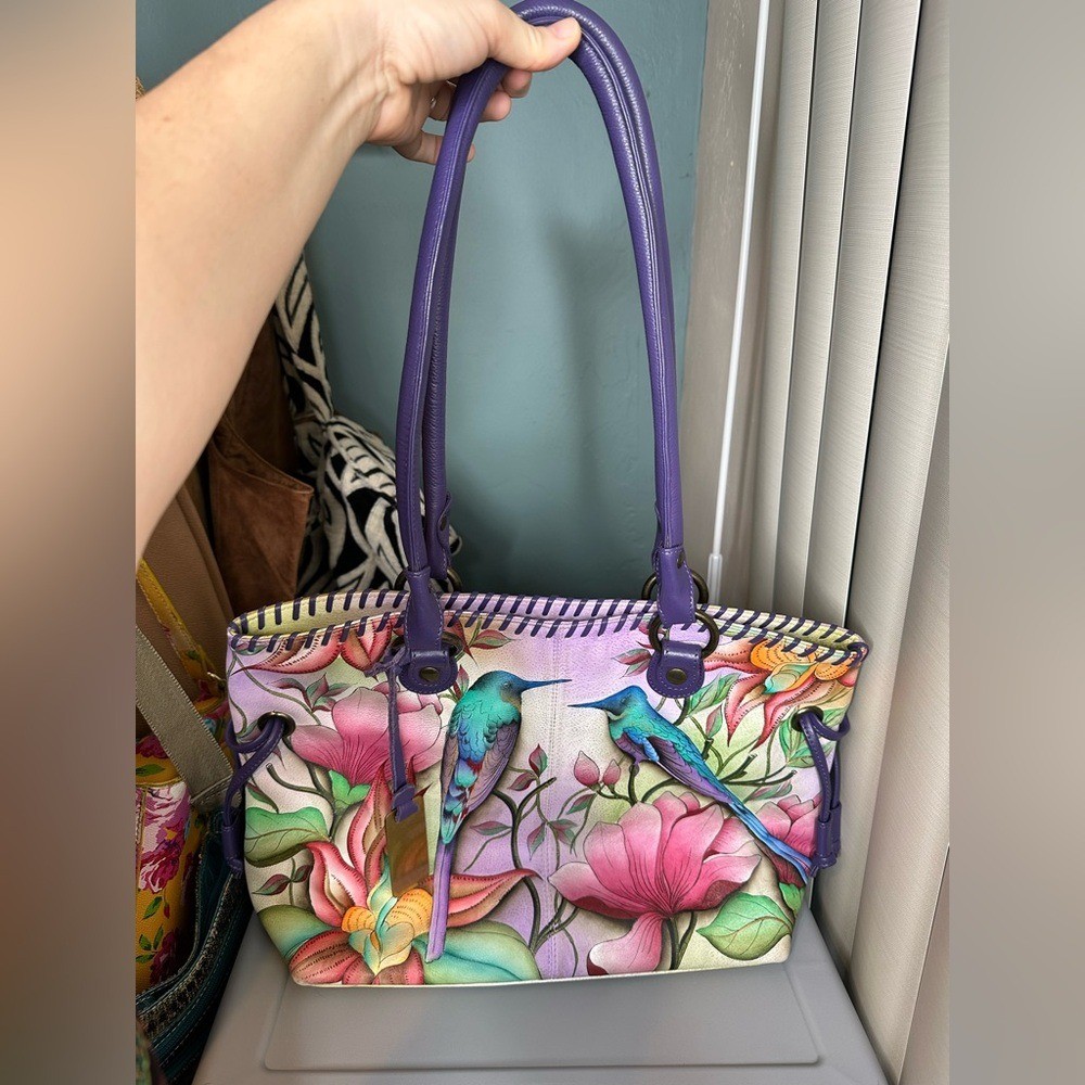 Anuschka Hand Painted Genuine Leather Featuring Hummingbird Floral Tote Bag.
