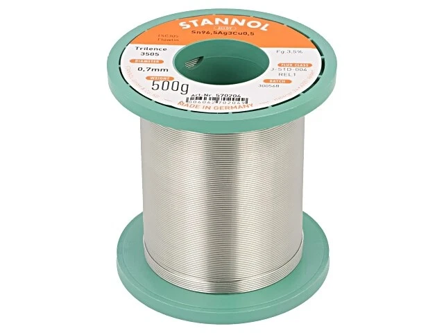 570204 Zinn bleifrei Sn96,5Ag3Cu0,5 0,7mm 500g Spule 3,5% STANNOL - Bild 1 von 1