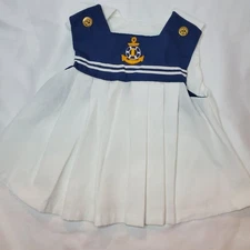 Baby Nautical Sailor Dress & Bloomer Set Anchor Gold Buttons Navy White 12M