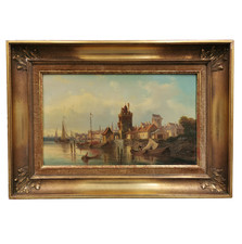 LUDWIG HERMANN VAN HOOM Ölgemälde Hafen von Dordrecht Öl auf Holz 19. Jh