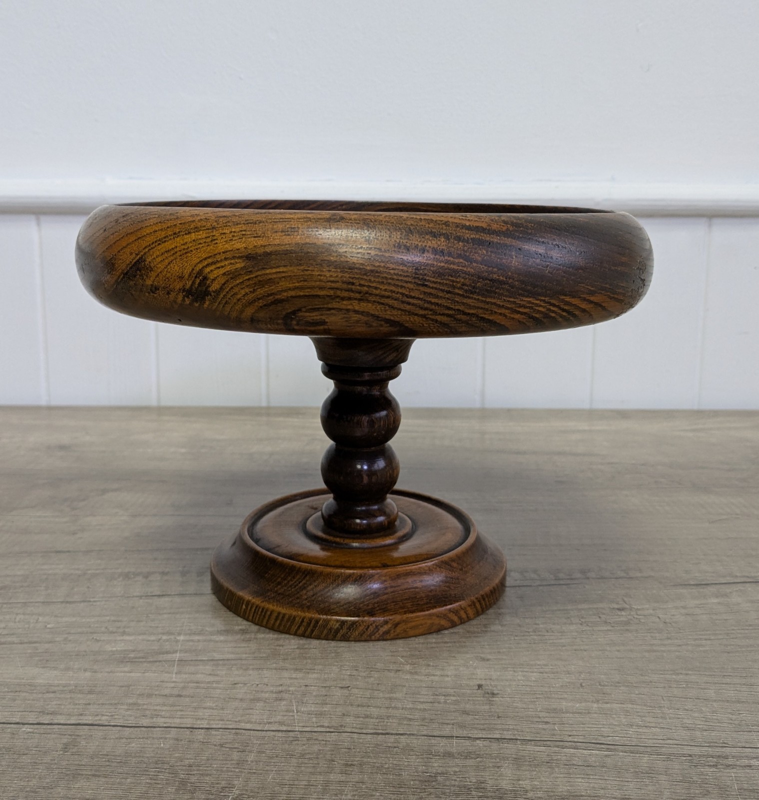 Vintage Wood English Oak Barley Twist Compote Pedestal Fruit Bowl, Sweet Dish