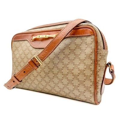 CELINE Macadam PVC Leather Shoulder Bag Beige Triomphe Vintage Authentic