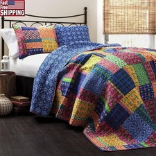 Reversible Cotton Quilt Set Patchwork Geometric Design Soft Bedding 3 Piece New