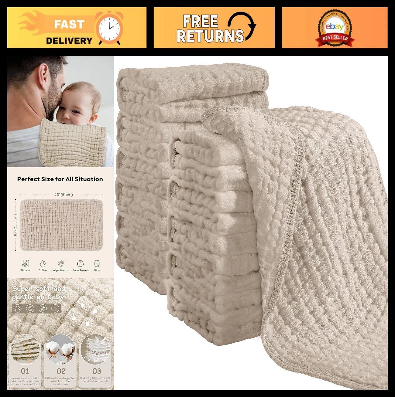 12 Pack Extra Soft Cotton Muslin Burp Cloths 20"x10" Absorbent Baby Bibs