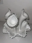 Fenton Epergne Silver Crest Milk Glass Ruffle Edged Flower Vase 3 Horn