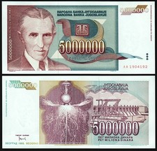 Yugoslavia 5000000 5,000,000 5 Million Dinara 1993, UNC, P-121, Prefix AA