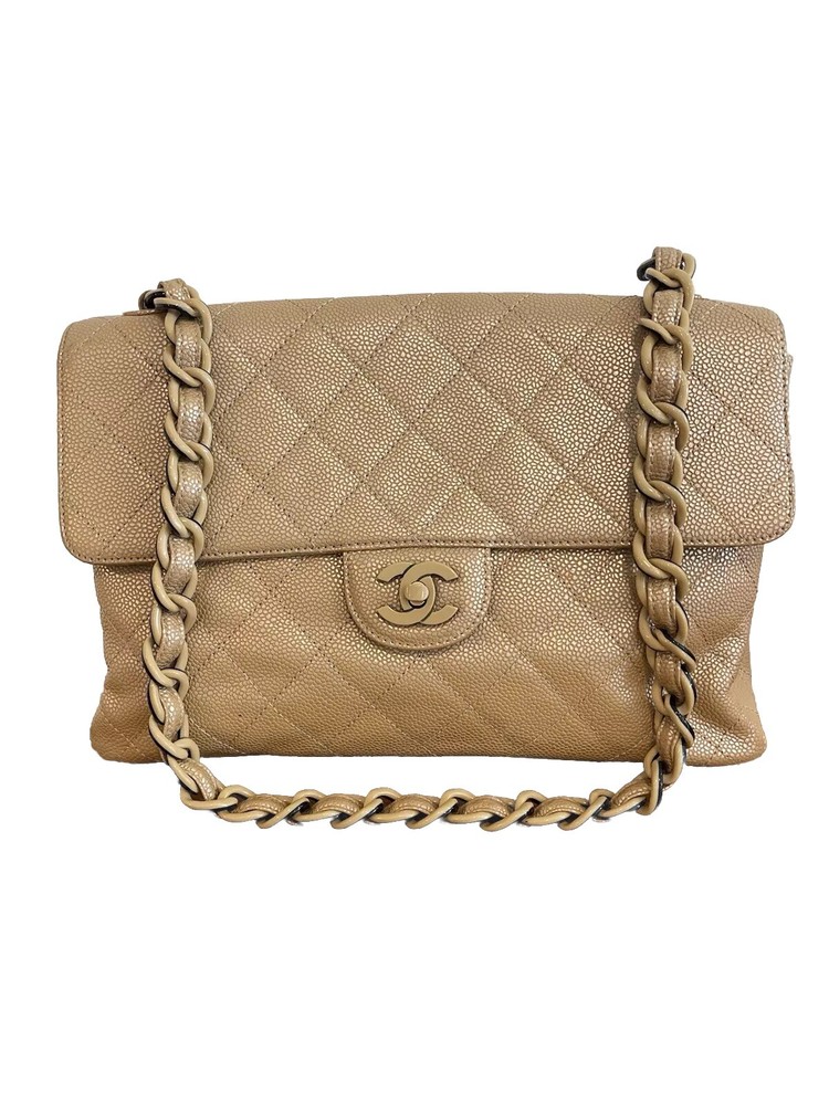 Auth CHANEL Classic Flap Plastic Chain Shoulder Bag Gold Caviar Iridescent