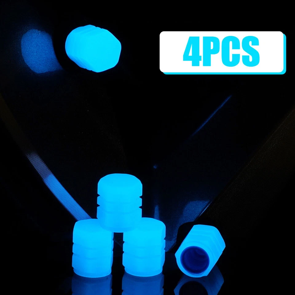 4x Blue Luminous Tire Valve Cap Car Auto Wheel Dust Cover Glow In The Dark - Image 4 of 4