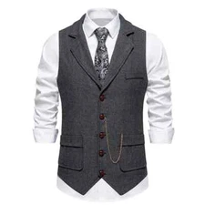 Men's Retro Lapel Chain Vest Fashion Herringbone Tweed Pockets Suit Vest British