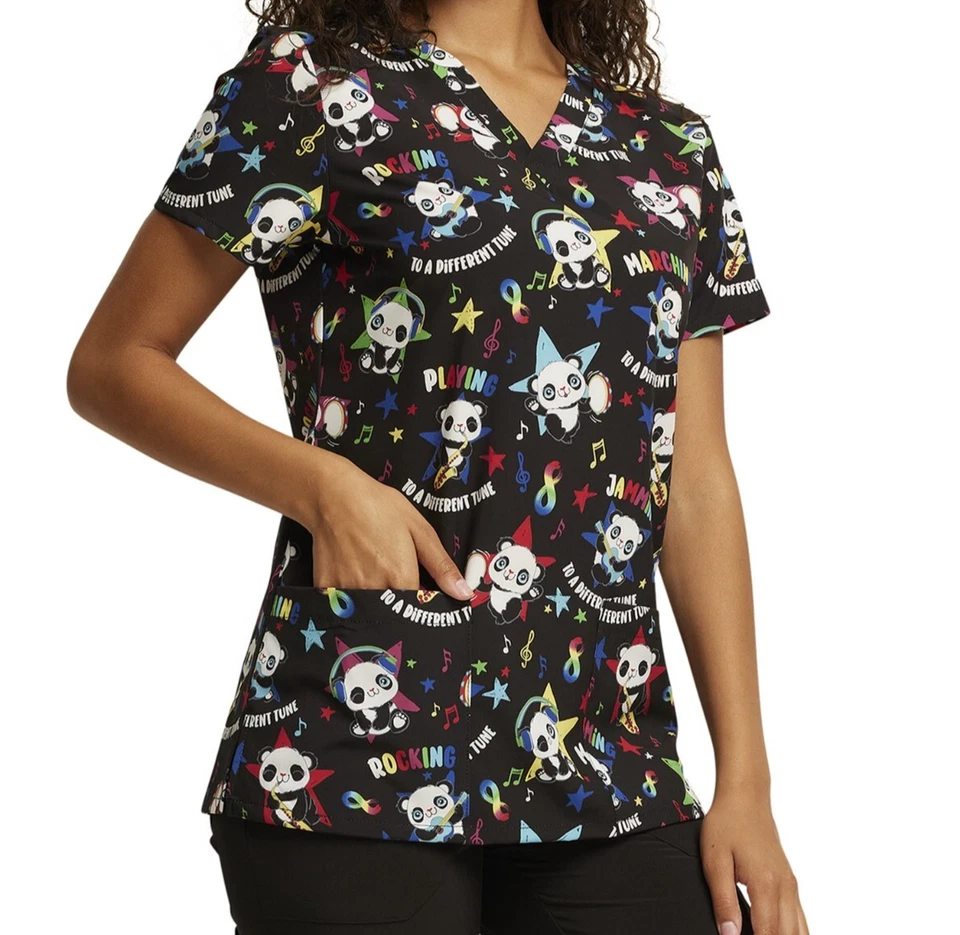 Womens Dickies EDS Scrubs Top V-Neck Print DK717 size S/Modern Classic/Panda - Image 3 of 4