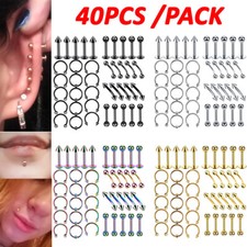 40PCS Stainless Steel Piercing Kit Nose Septum Lip Rings Earrings Helix Stud 16G