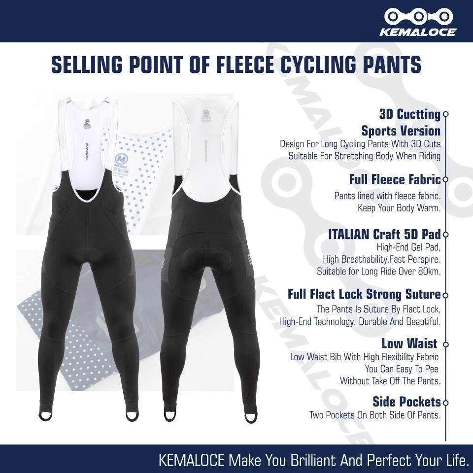 KEMALOCE Cycling Pants Men Long Winter Fleece Black&Blue Bicycle Bike Bib Pants - Image 4 of 4